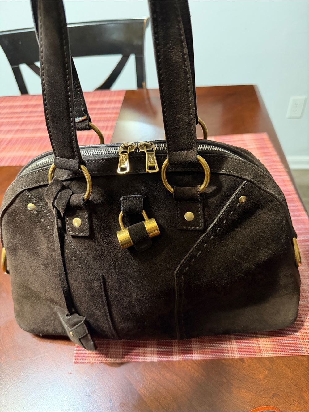 Yves Saint Laurent Dark Brown Suede Satchel with Gold Hardware